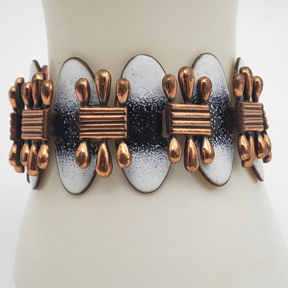 Matisse Copper Bracelet Oval Links White Black Enamel Modernist Artisan Renoir